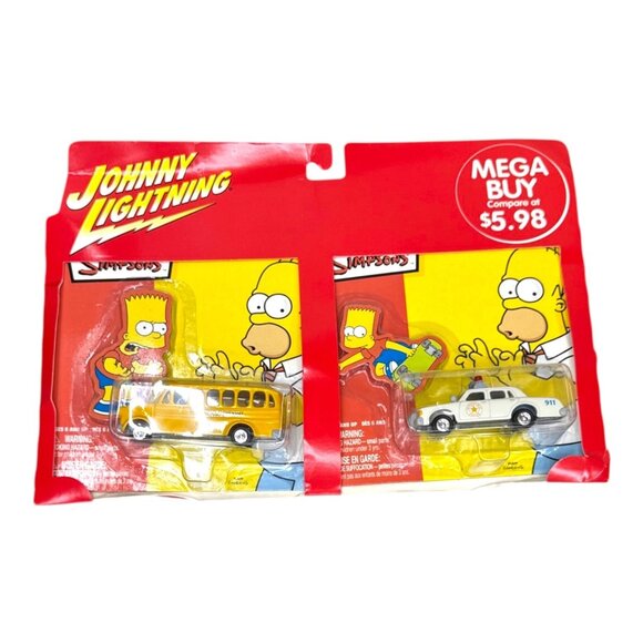 The Simpsons Johnny Lightning Diecast Car Set Springfield Police Car School Bus - Picture 1 of 5